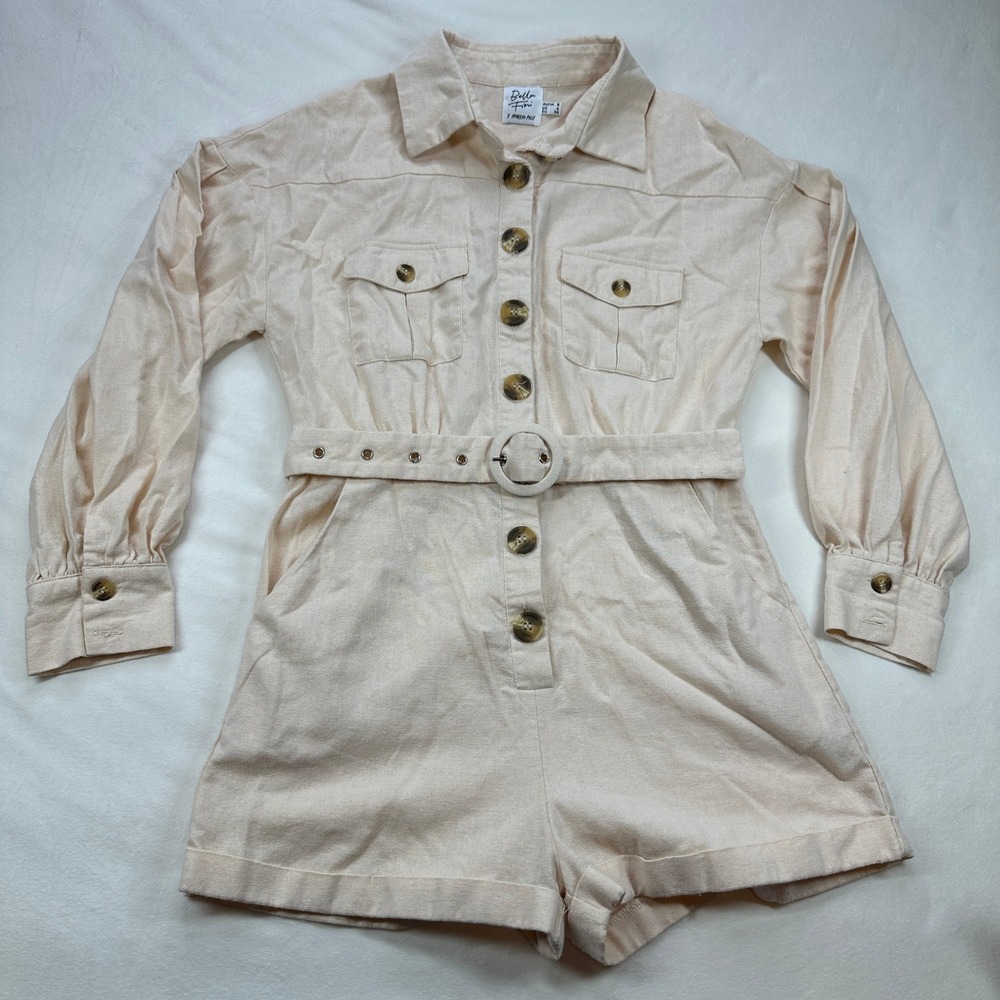 Bella Fiori x‎ Princess Polly Romper Womens 4 Beige Belted Button Up Long Sleeve